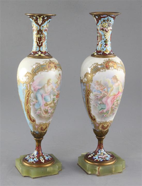 A pair of French champlevé enamel and porcelain vases height 12.25in.